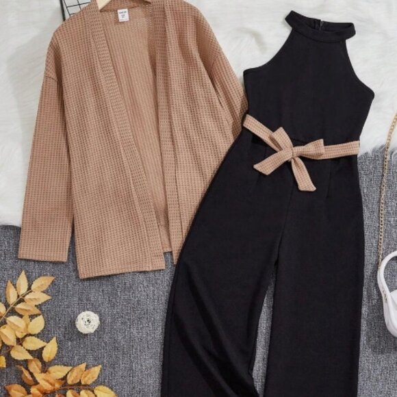 SHEIN Tween Girl Knitted Solid Color Drop Shoulder Cardigan + Knitted Solid Colo - Picture 1 of 2